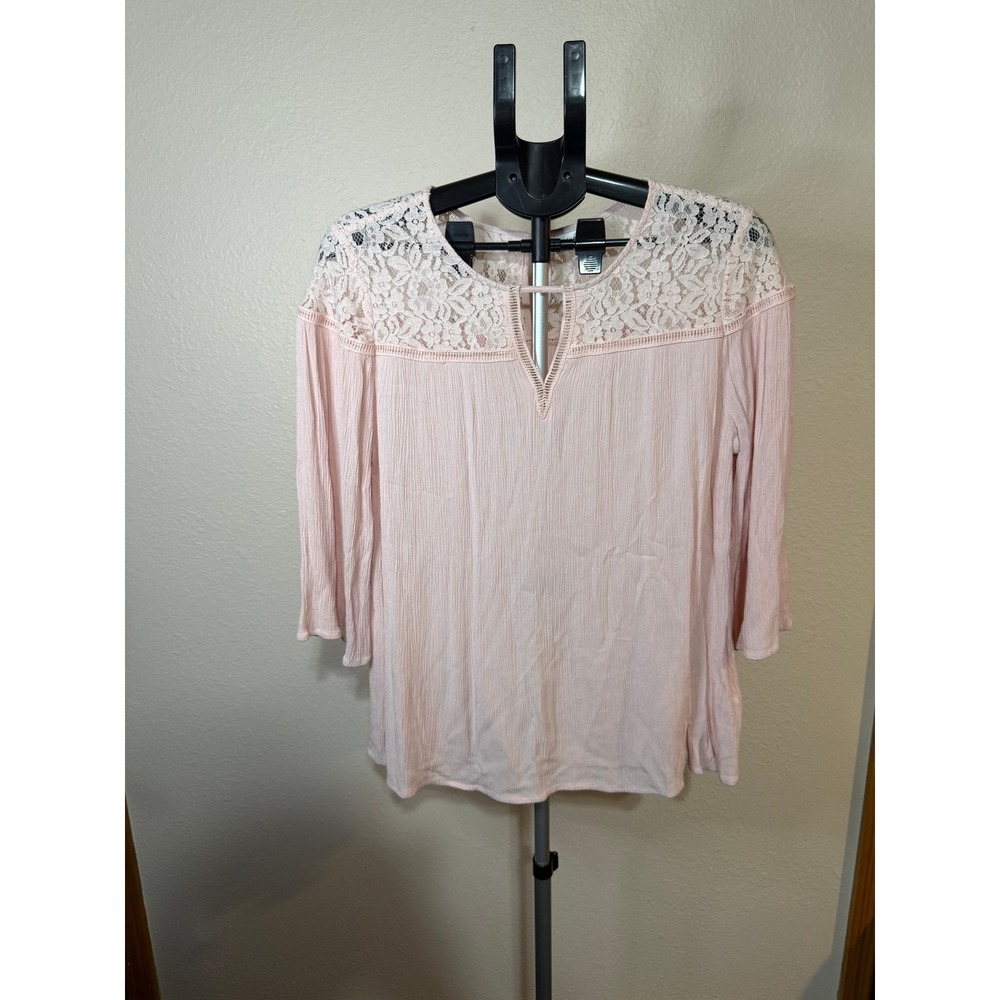 Westport Womens Pink Lace Yoke V-Neck Crinkle Rayon Blouse Size M 3/4 Sleeve